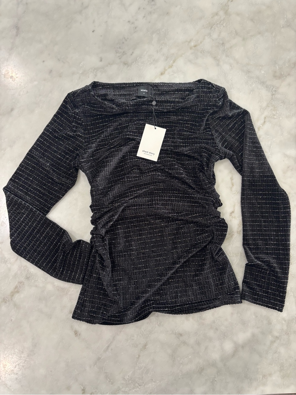 MYNTA Black Metallic Thread Ruched Long Sleeve‎ Top CT11127 Womens SP